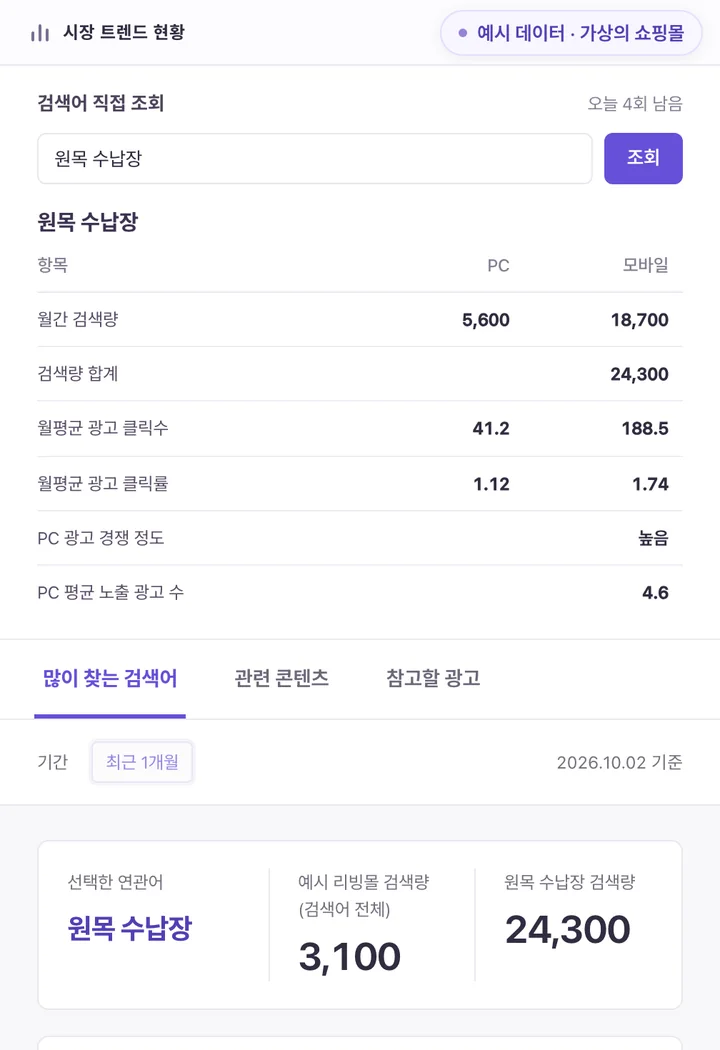 예시 검색어 직접 조회: 입력한 검색어의 PC·모바일 월간 검색량, 광고 클릭수·클릭률, 경쟁 정도 표 (예시 데이터)